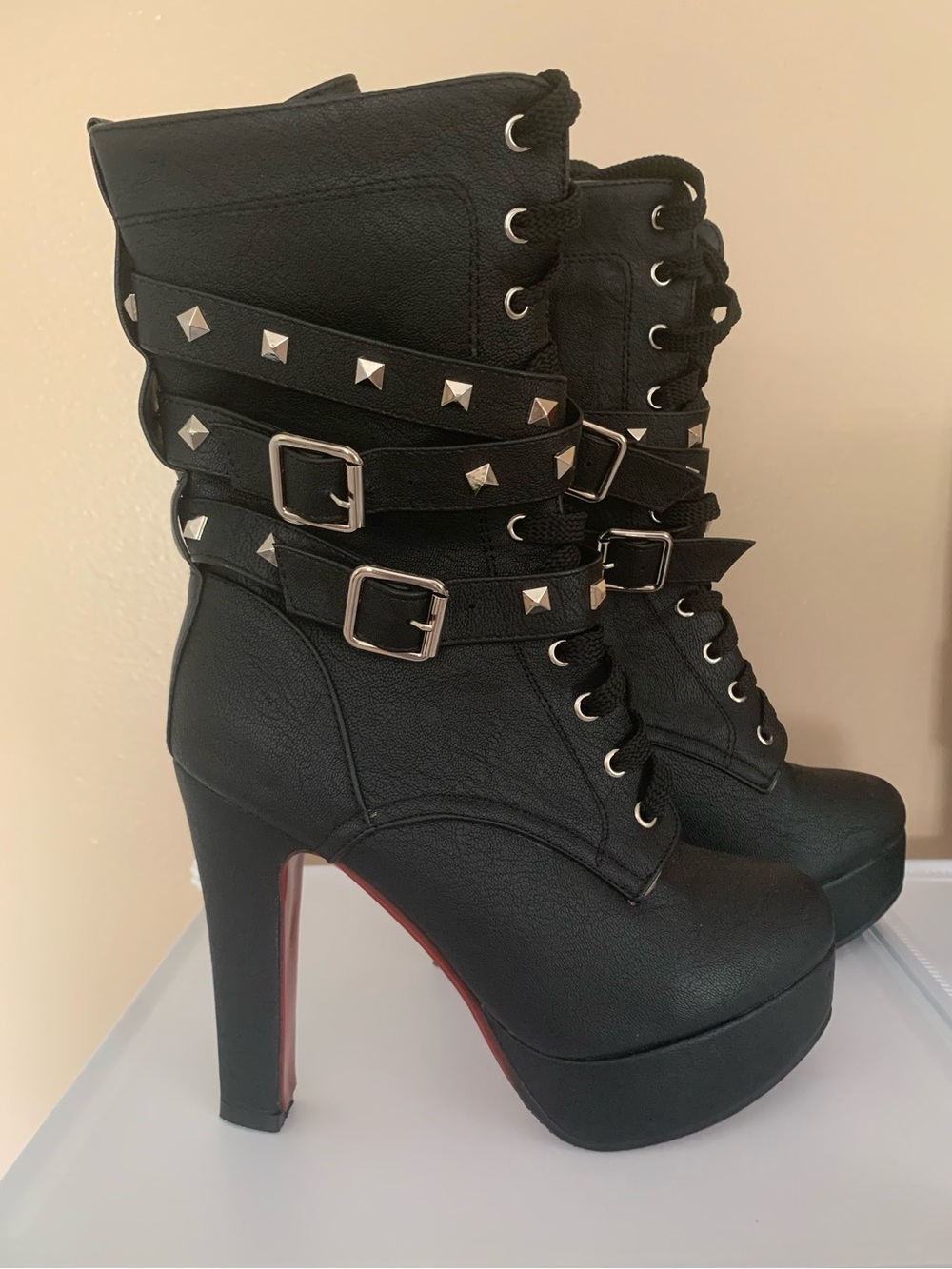 🔥 RARE Red Bottom Studded Moto Platform Boots Sz 7.5 / 38